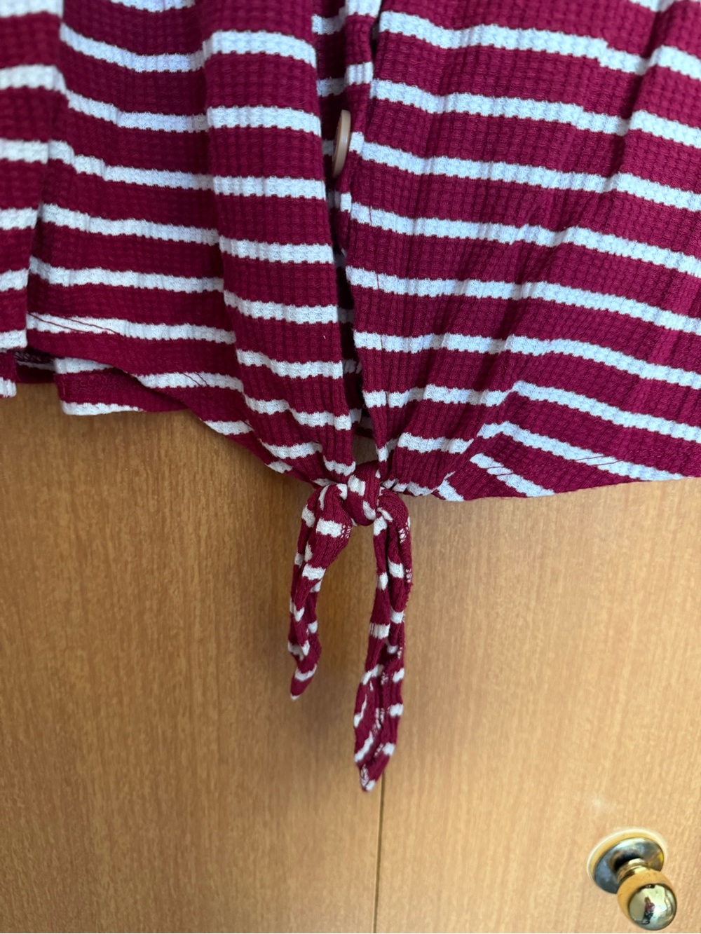 Lane Bryant Burgundy & White Striped Button-Front Tie-Hem Top - Picture 2 of 5